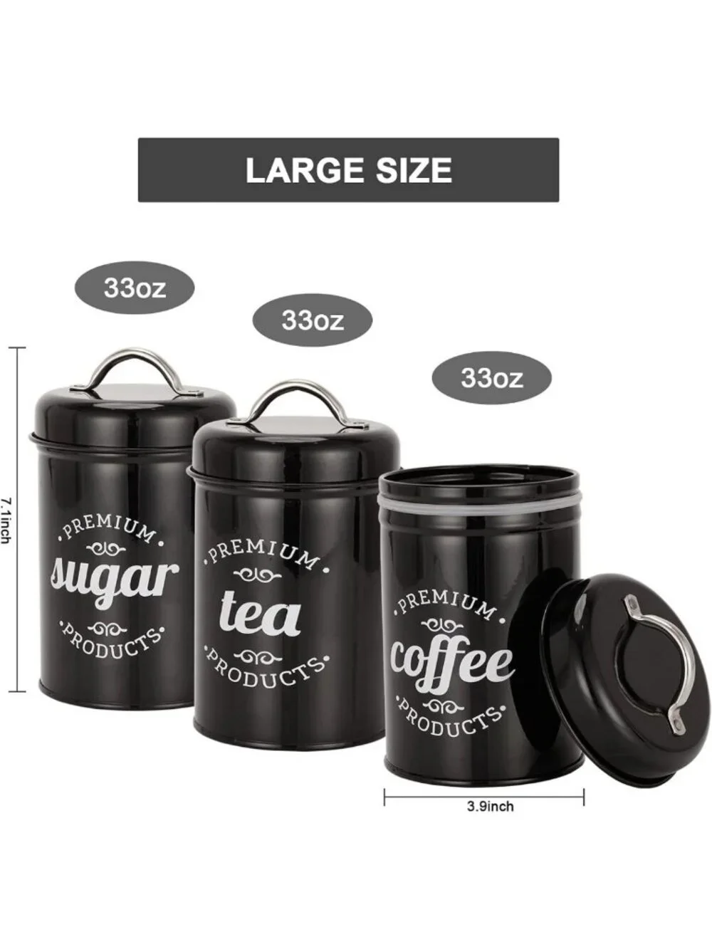 Airtight Metal Canister Set of 3 for Coffee, Tea & Sugar - Kitchen Storage